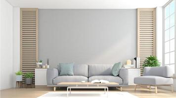 minimalistisch woonkamerinterieur met bank en fauteuil, dressoir op grijze muurachtergrond. 3D-rendering foto