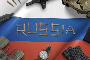 Rusland militair materieel op vlag. Oekraïne invasie concept samenstelling foto