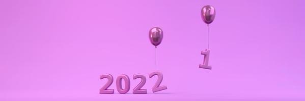 3D-rendering 2022 fluwelen violette decoratieballon die nummer 1 neemt en nummer 2 in plaats daarvan concept van gelukkig nieuwjaar vakantie achtergrond zet. 3D render illustratie. foto