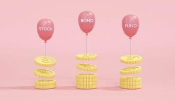 3D-weergave van zwevende balloos met woord obligatie-aandelenfonds dat geldmunt neemt op achtergrondconcept van diversificatie van geldportefeuille, investeringen, investeringsbeslissing. 3D render. 3D illustratie. foto