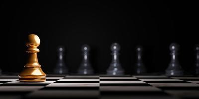 gouden pionschaak ontmoeting met zwarte pion schaakvijand op donkere achtergrond voor strategie-idee en futuristisch concept foto