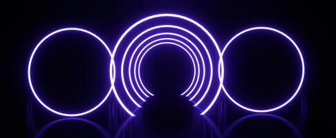 neon cirkels frame met futuristische reflectie. ronde blauwe elektrische banner met 3d render gloed en digitale hoogtepunten op donkere ondergrond. digitaal cyber billboard met verlichting en synthwave design foto