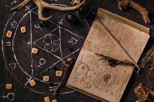 open oud boek met magische spreuken, runen, zwarte kaarsen op heksentafel. occult, esoterisch, waarzeggerij en wicca concept. foto