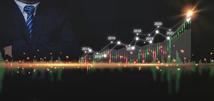 zakelijke groeigrafieken grafiek, financiën, aandelenhandel, investeringsanalyse en beursanalyse. zakenman draagt een pak met zijn armen gekruist met zakelijke groei grafiek marktanalyse. foto
