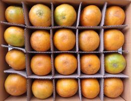 vers oranje fruit op de achtergrond van een papieren doos foto