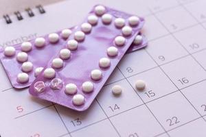 anticonceptiepil met datum van kalenderachtergrond, gezondheidszorg en geneeskundeconcept foto