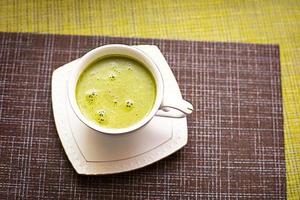 Japanse matcha groene thee wordt in een witte mok en op een witte schotel in poeder gegoten. theeservies op een geweven servet. verkwikkende drank in een café, koken, opgewektheid, antioxidant. ruimte voor tekst foto