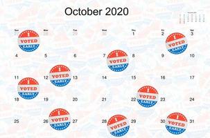 ik stemde vroege stickers op de kalender voor oktober als concept voor vroeg stemmen bij verkiezingen foto