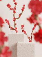 3D-minimale weergavepodia met kersenbloesembloem of sakura-achtergrond en voorgrond. 3D-weergave van realistische presentatie voor productreclame. 3D minimale illustratie. foto