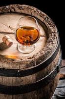 glas goede cognac in de kelder van de distilleerderij foto