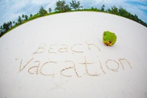 vakantie zomer concept. het woord strandvakantie geschreven in het zand foto