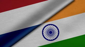 3D-weergave van twee vlaggen van Nederland en India samen met stof textuur, bilaterale betrekkingen, vrede en conflict tussen landen, geweldig voor achtergrond foto