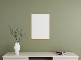 minimalistische verticale houten poster of fotolijst mockup aan de muur met boek en decoratie foto