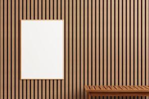 moderne en minimalistische verticale houten poster of fotolijstmodel op de houten buitenmuur. 3D-rendering. foto