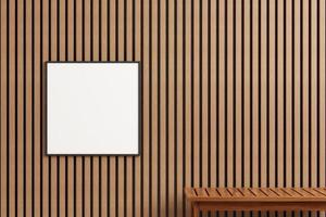 moderne en minimalistische vierkante zwarte poster of fotolijstmodel op de houten buitenmuur. 3D-rendering. foto