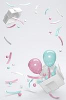 3D-rendering concept van gender reveal, bruiloft, babydouche, verjaardagsfeestje. blauwe en roze pastel ballonnen en confetti drijvend uit geschenkdoos op witte achtergrond. 3D render. 3D illustratie. foto