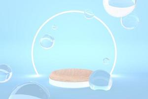3D-rendering minimaal hout rond podium stand podium voor parfum huidverzorging cosmetisch product drijvend kristal glas water bubble bal gloeiende ring lijn blauw lege ruimte achtergrond studio advertentie foto