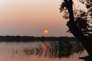 silhouet zonsondergang over meer in openbaar park. foto