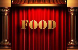 voedsel gouden woord op rood gordijn foto