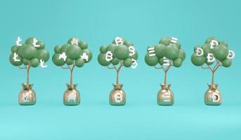 3D-rendering concept van investeringsgeldboom met symbolen van cryptocurrency lite munt, bitcoin, ethereum, dogecoin op achtergrond. 3D render illustratie. foto