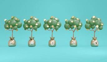 3D-rendering concept van investeringsgeldboom met symbolen van cryptocurrency lite munt, bitcoin, ethereum, dogecoin op achtergrond. 3D render illustratie. foto