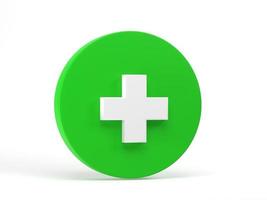 3D-rendering, 3d illustratie. groen kruis pictogram geïsoleerd op een witte achtergrond. medische kruis ronde knop. foto