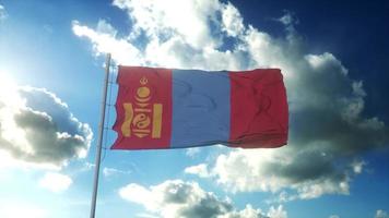 vlag van mongolië zwaaien op wind tegen mooie blauwe hemel. 3D-rendering foto