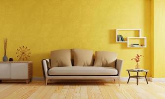 moderne woonkamer in de stijlachtergrond van de gele toonkleur. interieur en architectuurconcept. 3D illustratie weergave foto