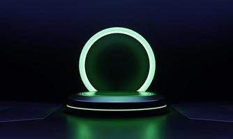 modern rond product showcase sci-fi podium met groen gloeiend licht neon frame achtergrond. technologie en object voor reclamesjabloonconcept. 3D illustratie weergave foto