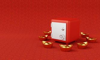 kluis met chinese goudstaaf en chinese cultuur patroon achtergrond. chinees nieuwjaar en geld besparingen veiligheidsconcept. 3D illustratie weergave foto