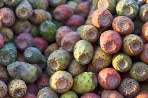 stapel stekelige peren op een marktkraam foto