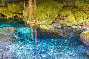 blauw turkoois water kalksteen grot sinkhole cenote tajma ha mexico. foto