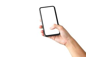 hand met mobiele telefoon isoleren op witte achtergrond foto