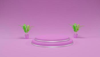 realistisch roze podium met een productpresentatie 3D-renderingachtergrond met plant foto