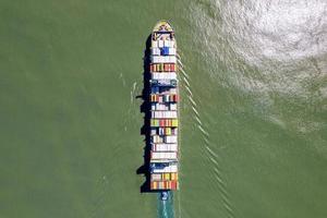 containervrachtschip luchtfoto, import export zakelijke logistiek en internationaal transport per containerschip in open zee. foto