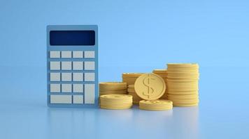 geldbeheer, financiële planning, berekening van financieel risico, rekenmachine met muntenstapel op blauwe achtergrond foto
