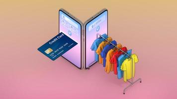 creditcard en kleding op een hanger verschenen van het scherm van smartphones., online winkelen of shopaholic concept., 3d illustratie met objectuitknippad. foto