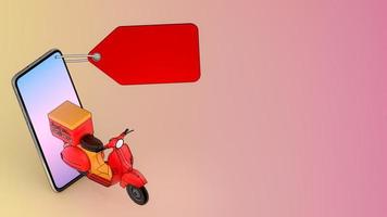 scooter van uitgeworpen uit een mobiele telefoon., concept van snelle bezorgservice en online winkelen., 3d illustratie met object uitknippad. foto