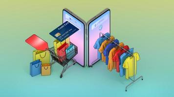 veel boodschappentas en prijskaartje in een winkelwagentje en kleding op een hanger verscheen van het scherm van smartphones., online winkelen of shopaholic concept., 3d illustratie met objectuitknippad. foto