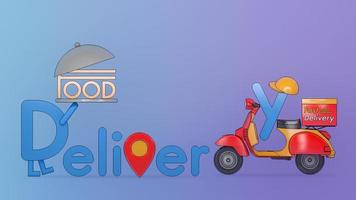 karakter cartoon levering lettertype met scooter., concept van fast food bezorgservice en online eten., 3d illustratie met object uitknippad. foto