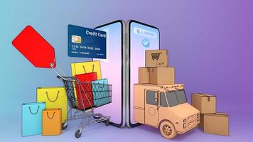 kleurrijke papieren boodschappentassen en creditcard in een kar met vrachtwagen verschenen uit het scherm van smartphones., online mobiele applicatie om online te winkelen en leveringsconcept., 3D-rendering. foto