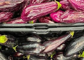 aubergine vers rijp fruit toonbank in de markt winkel gezonde maaltijd voedsel dieet snack vegetarisch veganistisch of vegetarisch voedsel kopieer ruimte voedsel achtergrond foto