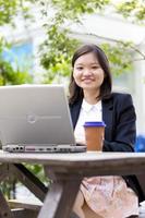 jonge vrouwelijke Aziatische zakenman met behulp van laptop