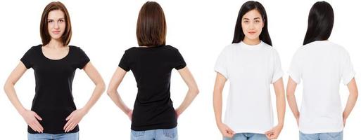 Koreaanse en blanke vrouw in lege witte en zwarte t-shirt voor- en achteraanzichten, mock up, ontwerpsjabloon foto
