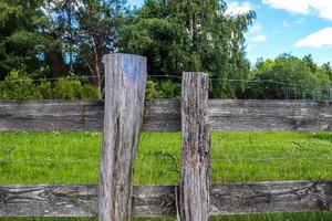 mooie houten paardenomheining op een landbouwveld foto