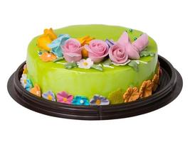 groene appeljam taartdecoraties met kleurrijke glazuurvruchten foto