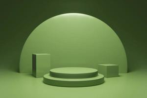 3D-rendering groene kleur cilinder en doos podium of voetstuk voor product display achtergrond met cirkelvormige wanddecoraties. 3D-modelillustratie foto