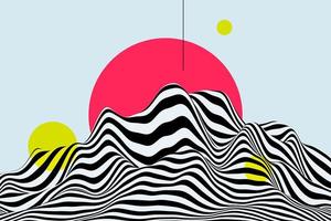 zwart-wit golf 3d achtergrond. stijlvol dynamisch gestreept bergoppervlak. abstracte gladde wervelpatroontextuur met roze zon en geel cirkelbokef-effect