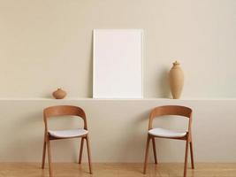 moderne en minimalistische verticale witte poster of fotolijst mockup aan de muur in de woonkamer. 3D-rendering. foto