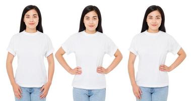 drie varianten Koreaanse vrouw in wit t-shirt voor de ontwerper geïsoleerd, Chinees meisjest-shirt foto